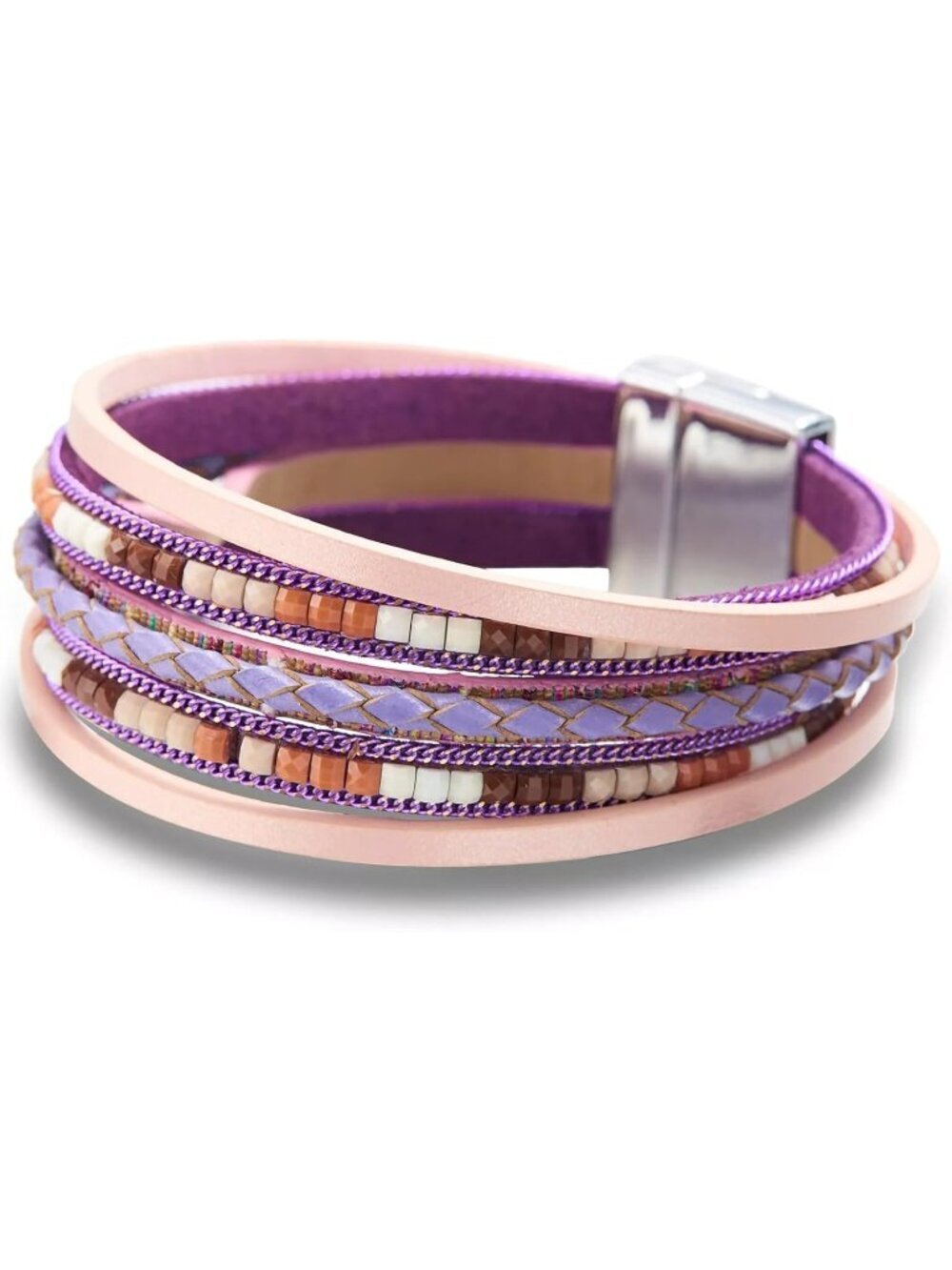 Women's Pink Boho Leopard Multi-layer Crystal Beads Cuff Leather Wrap Bracelets